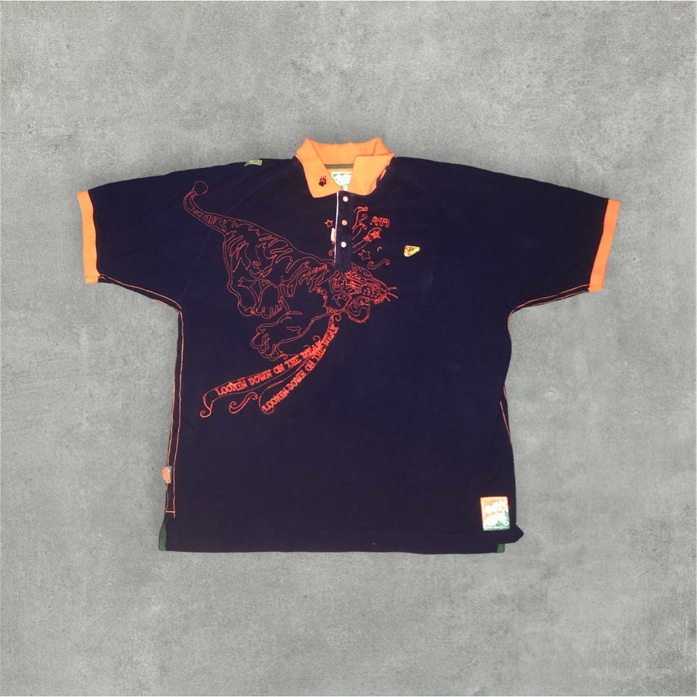 Vintage akademics navy orange polo shirt stitched tiger y2k design